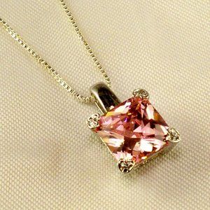 New Hearts, Pink Doublet Cut Cubic Zirconias Silver DESIGNER Necklace